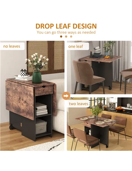 HOMCOM Folding Dining Table, Drop Leaf Table for Small Spaces, Foldable Table with Drawer and Storage Shelves for Kitchen, Dinin