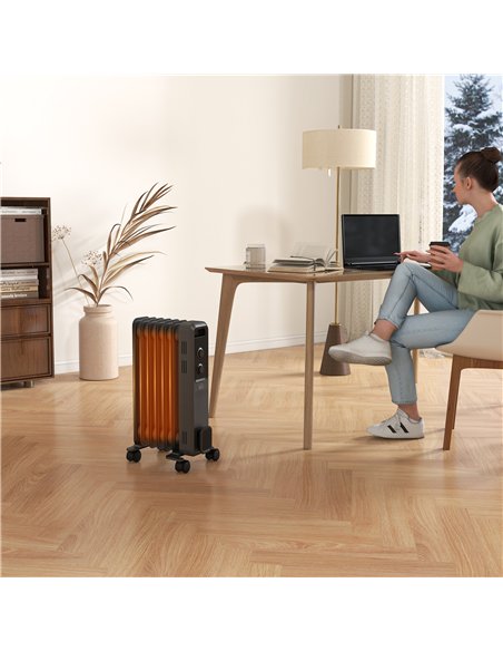 HOMCOM 1500W Oil Filled Radiator, 7 Fin, Portable Electric Heater with 3 Heat Settings, Safety Cut-Off and Wheels, Grey