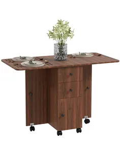 HOMCOM Multi-Storage Six-Person Drop Leaf Dining Table -  Distressed Brown