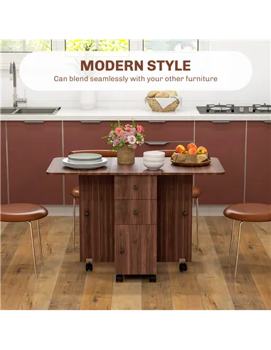 HOMCOM Multi-Storage Six-Person Drop Leaf Dining Table -  Distressed Brown