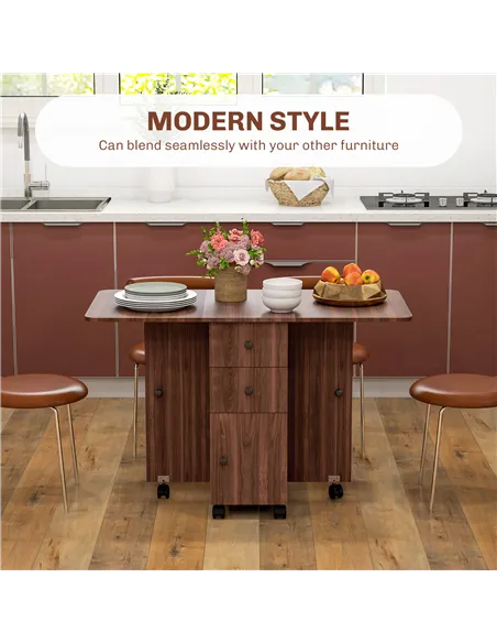 HOMCOM Multi-Storage Six-Person Drop Leaf Dining Table -  Distressed Brown