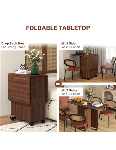 HOMCOM Multi-Storage Six-Person Drop Leaf Dining Table -  Distressed Brown