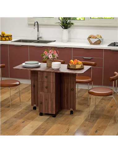 HOMCOM Multi-Storage Six-Person Drop Leaf Dining Table -  Distressed Brown