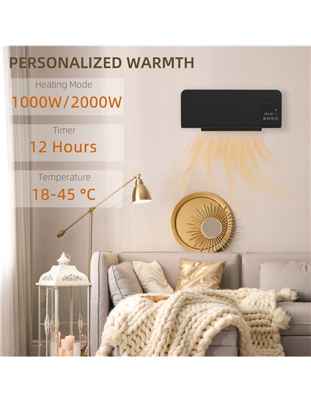 HOMCOM 2000W Wall Mounted Heater, 18-45°C Temperature, Black