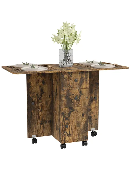 HOMCOM Multi-Storage Six-Person Drop Leaf Dining Table -  Rustic Brown