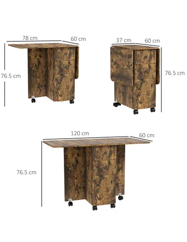 HOMCOM Multi-Storage Six-Person Drop Leaf Dining Table -  Rustic Brown