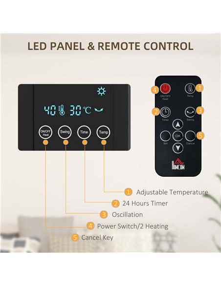 HOMCOM 2000W Wall Mounted Heater, 18-45°C Temperature, Black