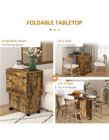 HOMCOM Multi-Storage Six-Person Drop Leaf Dining Table -  Rustic Brown
