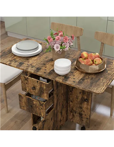 HOMCOM Multi-Storage Six-Person Drop Leaf Dining Table -  Rustic Brown