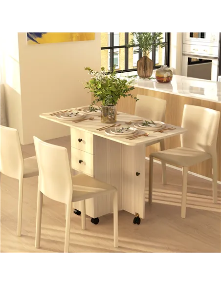 HOMCOM Six-Person Drop Leaf Dining Table, with Storage - Wood-Effect