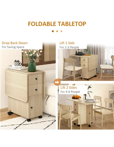 HOMCOM Six-Person Drop Leaf Dining Table, with Storage - Wood-Effect