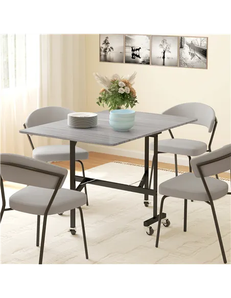 HOMCOM Six-Seater Drop-Leaf Dining Table, with Wheels - Grey Wood-Effect