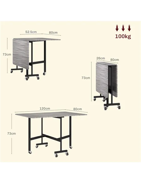 HOMCOM Six-Seater Drop-Leaf Dining Table, with Wheels - Grey Wood-Effect