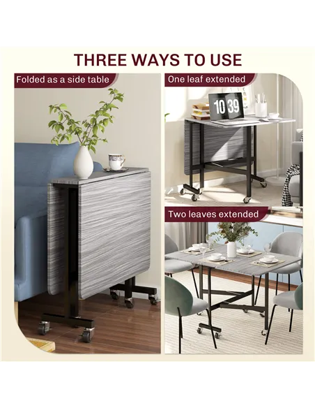 HOMCOM Six-Seater Drop-Leaf Dining Table, with Wheels - Grey Wood-Effect