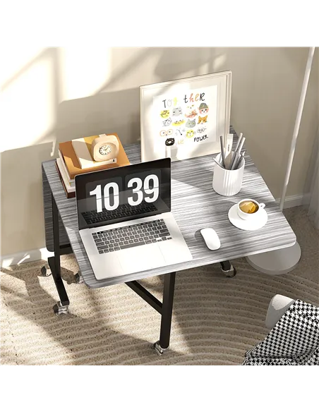 HOMCOM Six-Seater Drop-Leaf Dining Table, with Wheels - Grey Wood-Effect