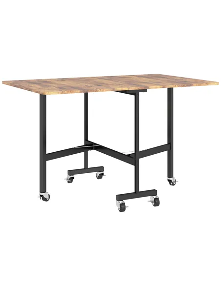 HOMCOM Six-Seater Drop-Leaf Dining Table, with Wheels - Brown Wood-Effect
