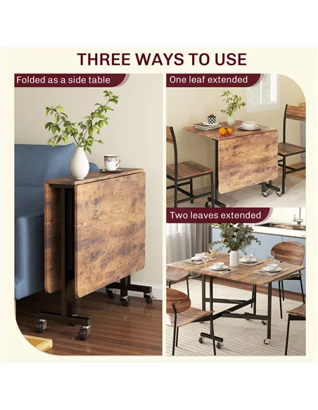 HOMCOM Six-Seater Drop-Leaf Dining Table, with Wheels - Brown Wood-Effect