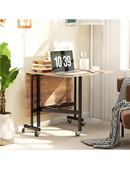 HOMCOM Six-Seater Drop-Leaf Dining Table, with Wheels - Brown Wood-Effect