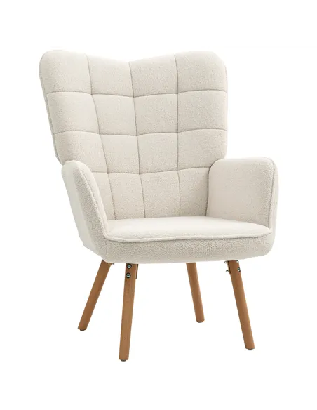 HOMCOM Modern Accent Chair, Upholstered Tufted Wingback Armchair with Seat Padding, Teddy Fleece Leisure Lounge Bedroom Chair wi