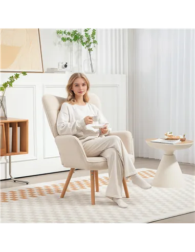 HOMCOM Modern Accent Chair, Upholstered Tufted Wingback Armchair with Seat Padding, Teddy Fleece Leisure Lounge Bedroom Chair wi