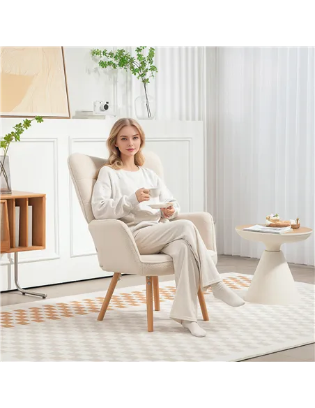 HOMCOM Modern Accent Chair, Upholstered Tufted Wingback Armchair with Seat Padding, Teddy Fleece Leisure Lounge Bedroom Chair wi