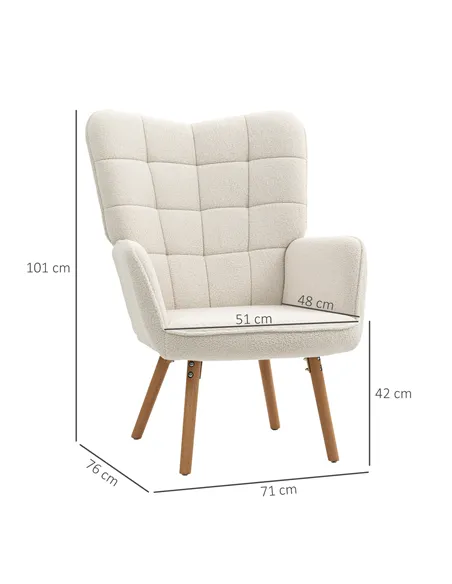 HOMCOM Modern Accent Chair, Upholstered Tufted Wingback Armchair with Seat Padding, Teddy Fleece Leisure Lounge Bedroom Chair wi