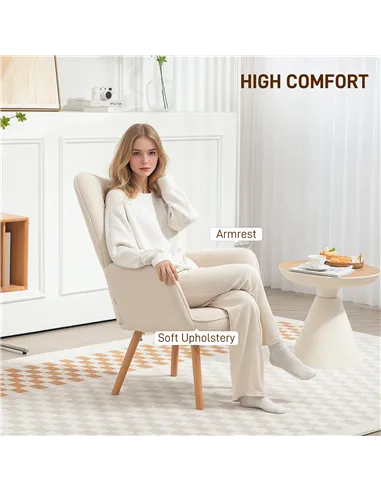 HOMCOM Modern Accent Chair, Upholstered Tufted Wingback Armchair with Seat Padding, Teddy Fleece Leisure Lounge Bedroom Chair wi