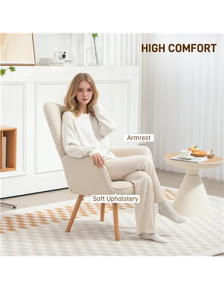 HOMCOM Modern Accent Chair, Upholstered Tufted Wingback Armchair with Seat Padding, Teddy Fleece Leisure Lounge Bedroom Chair wi