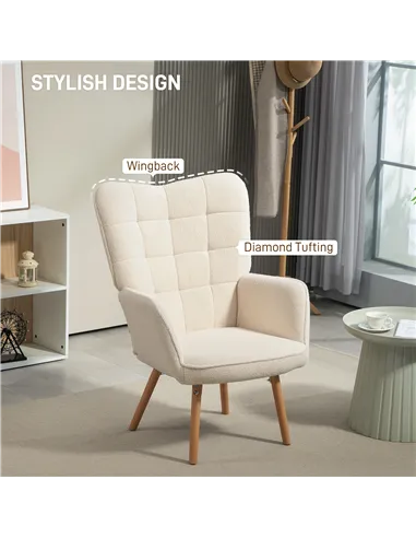 HOMCOM Modern Accent Chair, Upholstered Tufted Wingback Armchair with Seat Padding, Teddy Fleece Leisure Lounge Bedroom Chair wi