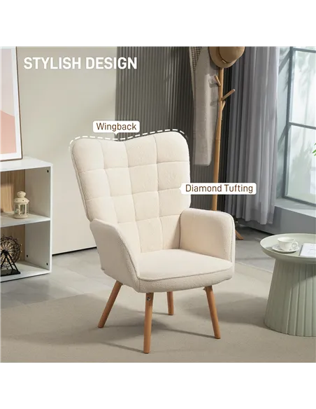 HOMCOM Modern Accent Chair, Upholstered Tufted Wingback Armchair with Seat Padding, Teddy Fleece Leisure Lounge Bedroom Chair wi