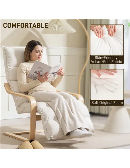 HOMCOM Curved Wooden Accent Chair, with Adjustable Footrest - Cream White