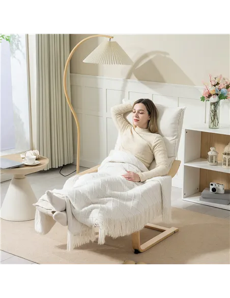 HOMCOM Curved Wooden Accent Chair, with Adjustable Footrest - Cream White