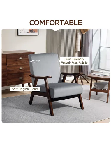 HOMCOM Nordic Accent Chair, Upholstered Velvet Armchair with Solid Wood Frame and Soft Thick Padded for Living Room, Bedroom, Gr