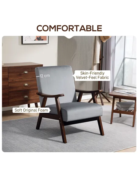 HOMCOM Nordic Accent Chair, Upholstered Velvet Armchair with Solid Wood Frame and Soft Thick Padded for Living Room, Bedroom, Gr