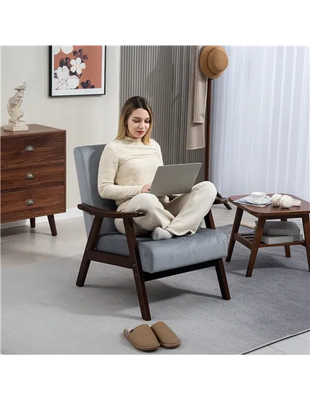 HOMCOM Nordic Accent Chair, Upholstered Velvet Armchair with Solid Wood Frame and Soft Thick Padded for Living Room, Bedroom, Gr