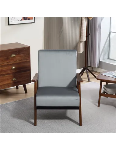 HOMCOM Nordic Accent Chair, Upholstered Velvet Armchair with Solid Wood Frame and Soft Thick Padded for Living Room, Bedroom, Gr