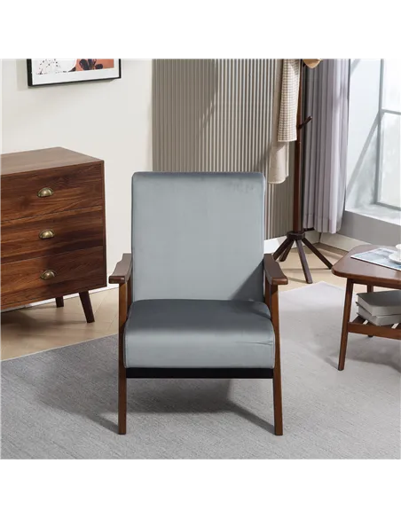 HOMCOM Nordic Accent Chair, Upholstered Velvet Armchair with Solid Wood Frame and Soft Thick Padded for Living Room, Bedroom, Gr