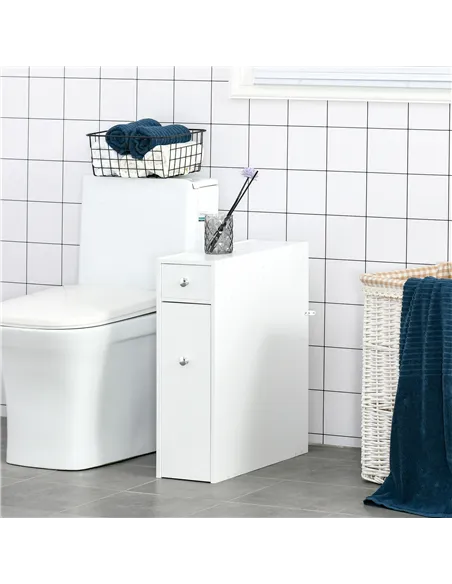 HOMCOM Bathroom Slim Floor Cabinet Narrow Wooden Storage Home Bath Toilet Cupboard Organiser Unit with Drawers White