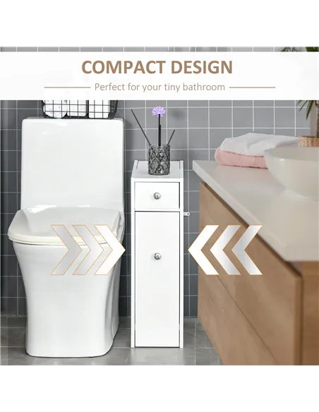 HOMCOM Bathroom Slim Floor Cabinet Narrow Wooden Storage Home Bath Toilet Cupboard Organiser Unit with Drawers White