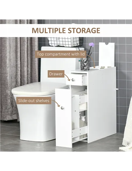 HOMCOM Bathroom Slim Floor Cabinet Narrow Wooden Storage Home Bath Toilet Cupboard Organiser Unit with Drawers White