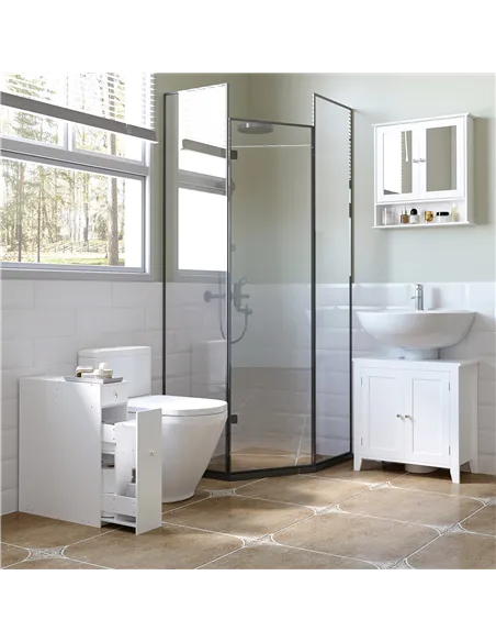 HOMCOM Bathroom Slim Floor Cabinet Narrow Wooden Storage Home Bath Toilet Cupboard Organiser Unit with Drawers White