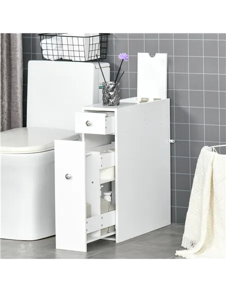 HOMCOM Bathroom Slim Floor Cabinet Narrow Wooden Storage Home Bath Toilet Cupboard Organiser Unit with Drawers White