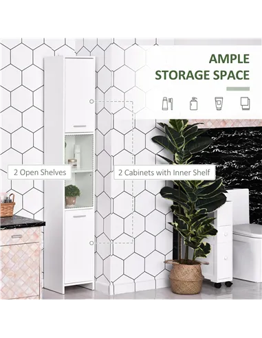 HOMCOM Bathroom Floor Storage Cabinet Slim Tallboy w/ Door Cupboard & Shelves For Living Room, Bedroom, Hallway White