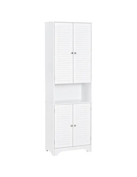 HOMCOM Tall Freestanding Bathroom Cabinet Retro Shutters w/ 3 Compartments Shelves Elevated Base Narrow Organiser White 60L x 30