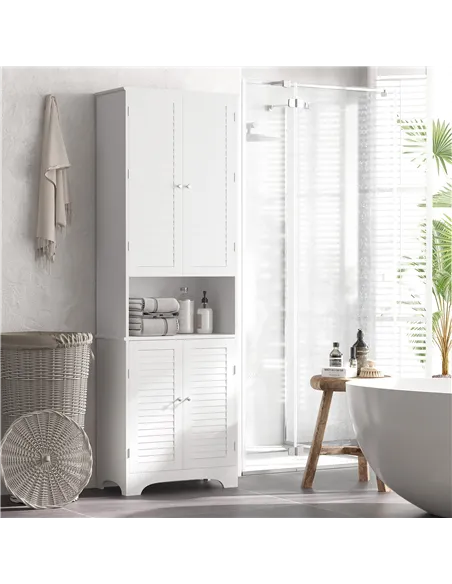 HOMCOM Tall Freestanding Bathroom Cabinet Retro Shutters w/ 3 Compartments Shelves Elevated Base Narrow Organiser White 60L x 30