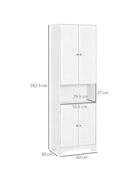 HOMCOM Tall Freestanding Bathroom Cabinet Retro Shutters w/ 3 Compartments Shelves Elevated Base Narrow Organiser White 60L x 30