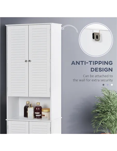HOMCOM Tall Freestanding Bathroom Cabinet Retro Shutters w/ 3 Compartments Shelves Elevated Base Narrow Organiser White 60L x 30
