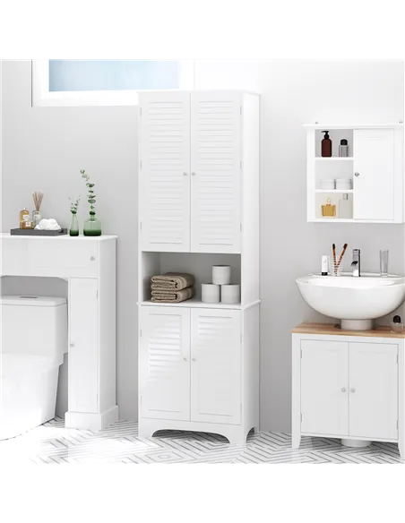 HOMCOM Tall Freestanding Bathroom Cabinet Retro Shutters w/ 3 Compartments Shelves Elevated Base Narrow Organiser White 60L x 30