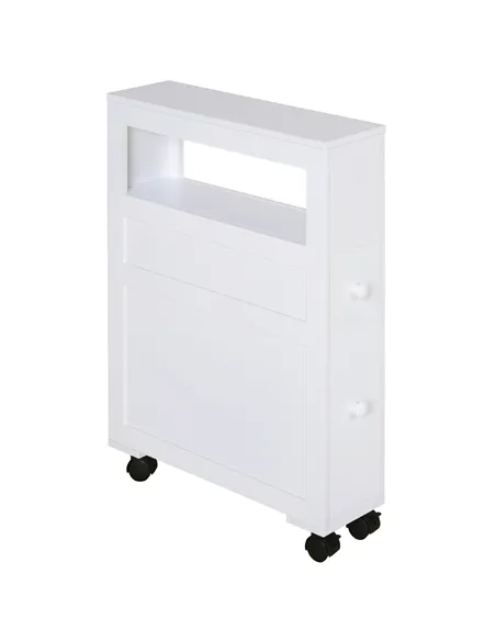 HOMCOM 72x16cm Narrow Bathroom Storage Unit w/ 2 Drawers Open Top 4 Wheels Slimline Modern Rolling Home Organisation