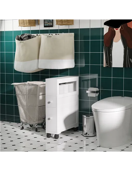 HOMCOM 72x16cm Narrow Bathroom Storage Unit w/ 2 Drawers Open Top 4 Wheels Slimline Modern Rolling Home Organisation